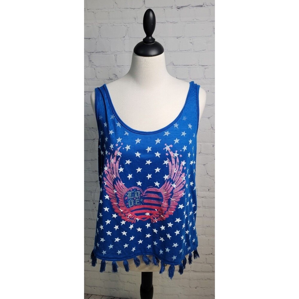 Made in USA Blue Red White Sleeveless Tank Sz 3XL Fringe Scoop Neck Patriotic